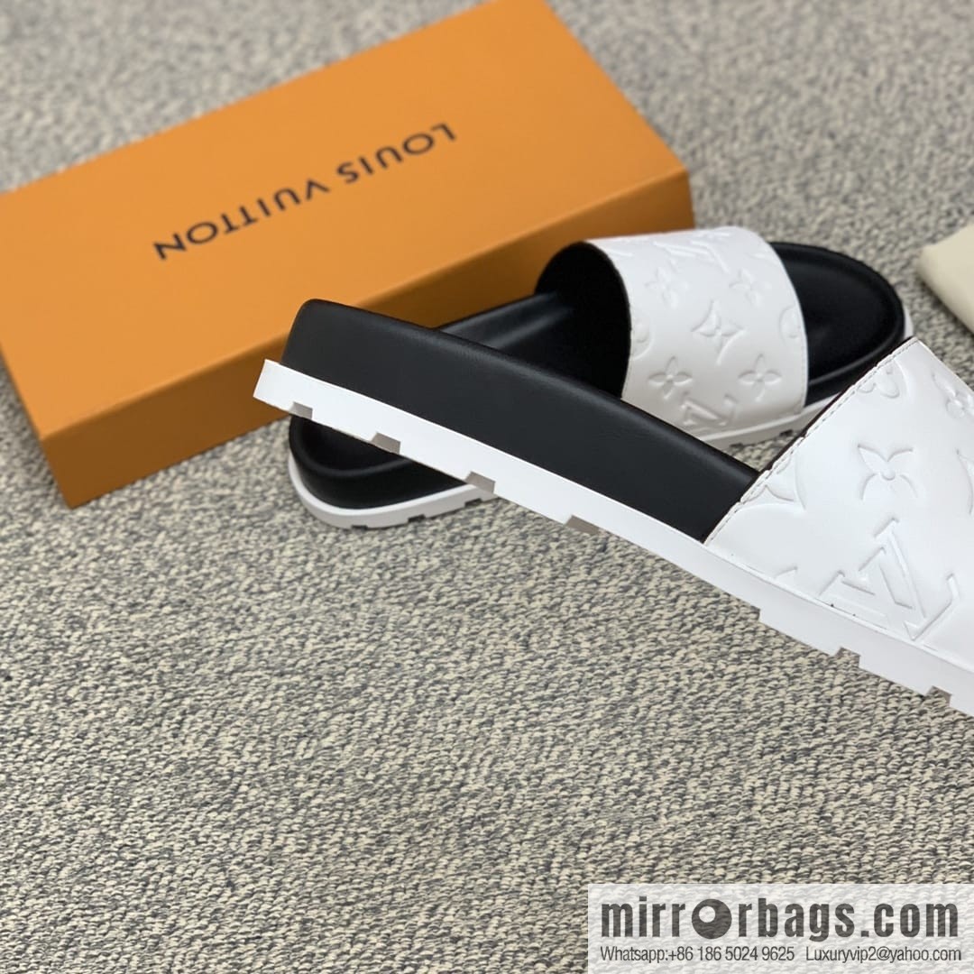 LV/Louis Vuitton white printed men's sandals with black outsoles