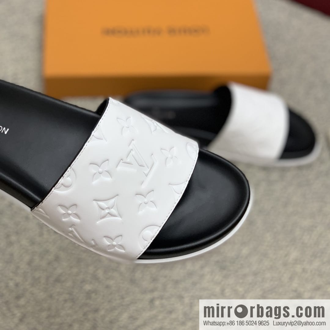 LV/Louis Vuitton white printed men's sandals with black outsoles