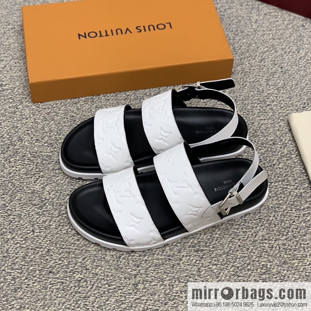 LV/Louis Vuitton white printed men's sandals with black outsoles