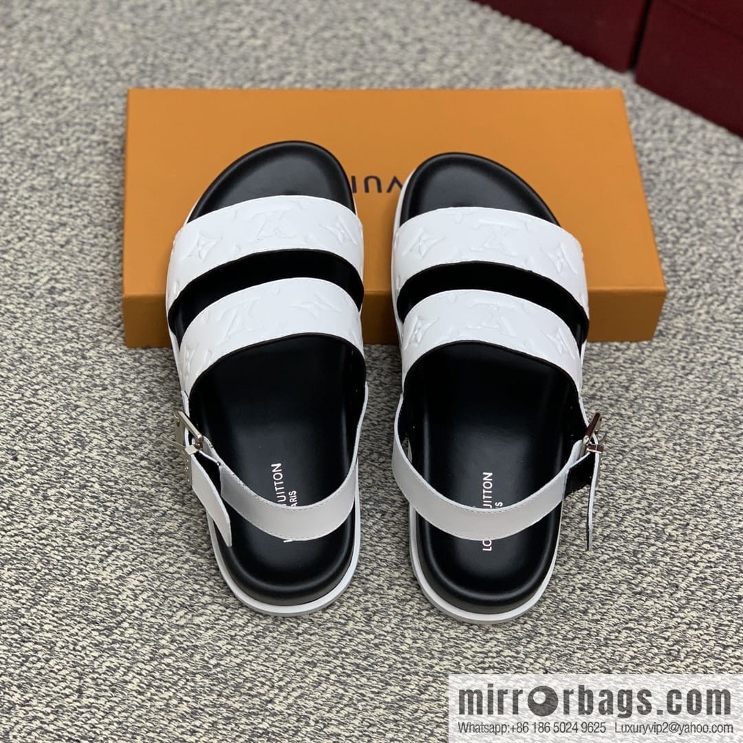 LV/Louis Vuitton white printed men's sandals with black outsoles