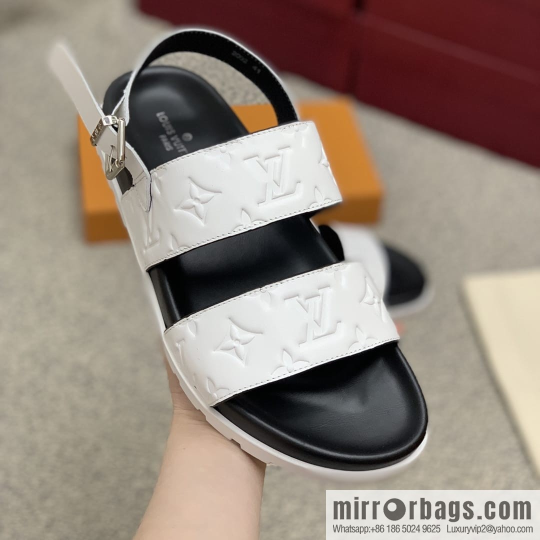 LV/Louis Vuitton white printed men's sandals with black outsoles