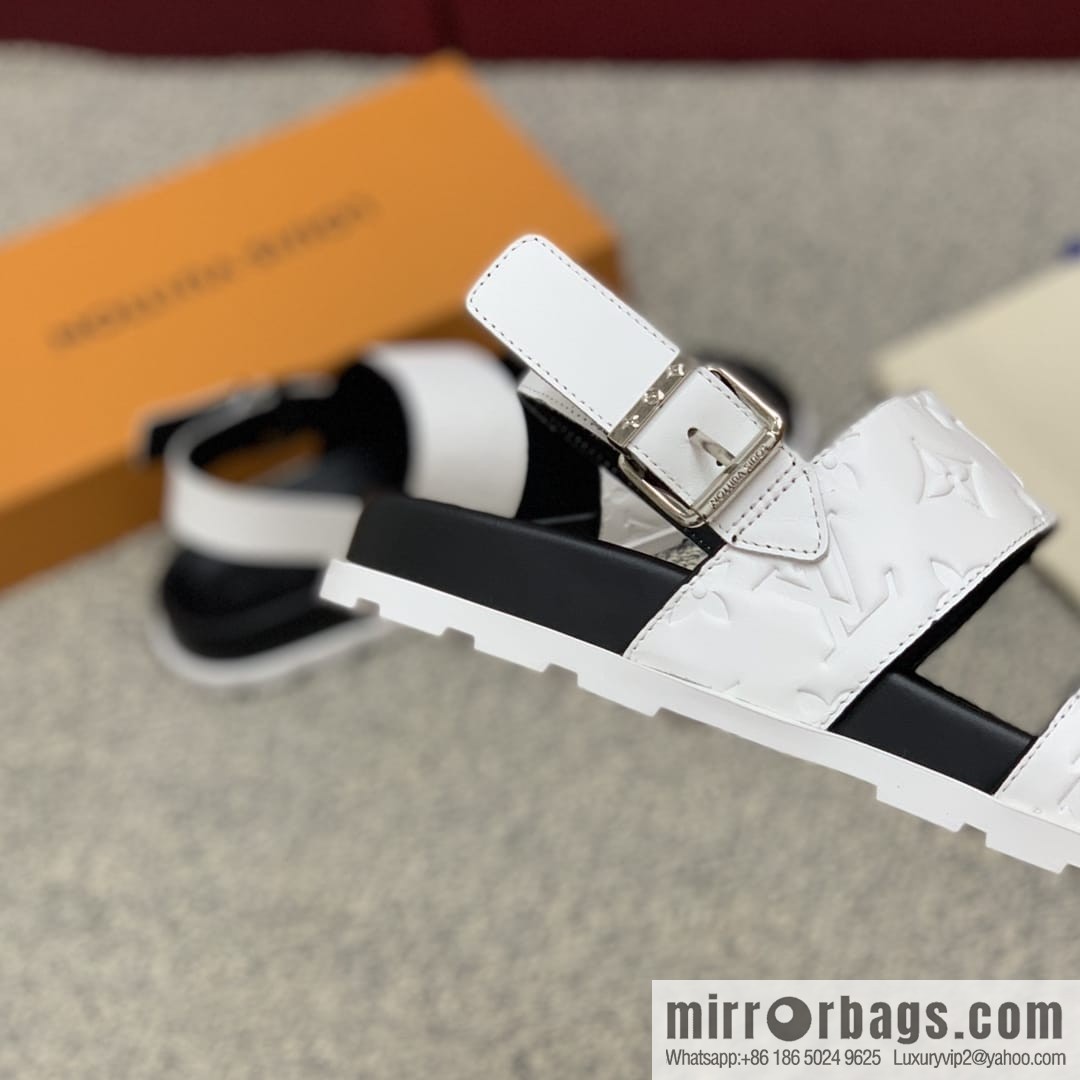 LV/Louis Vuitton white printed men's sandals with black outsoles