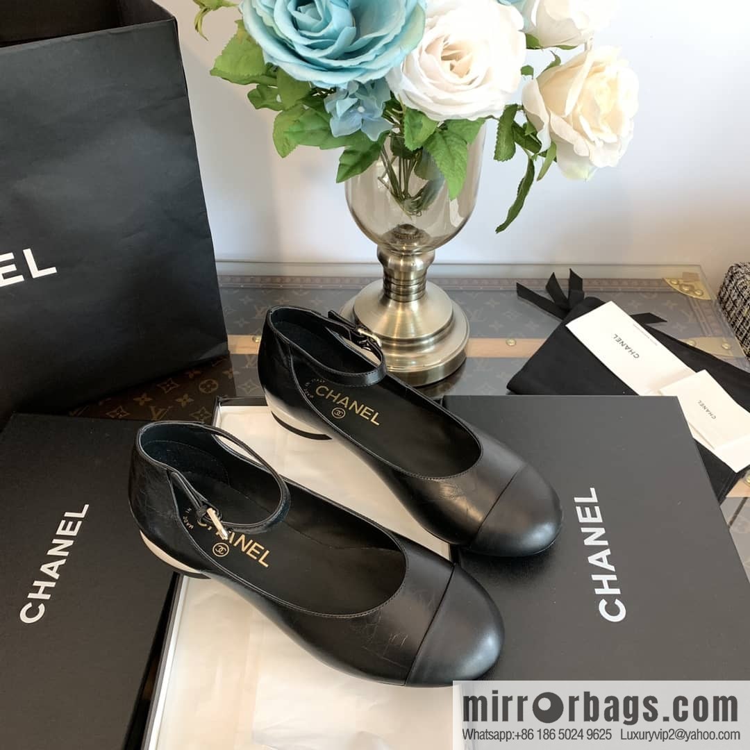 Chanel small fragrance color matching pearl heel counter Mary Jane single shoes‼