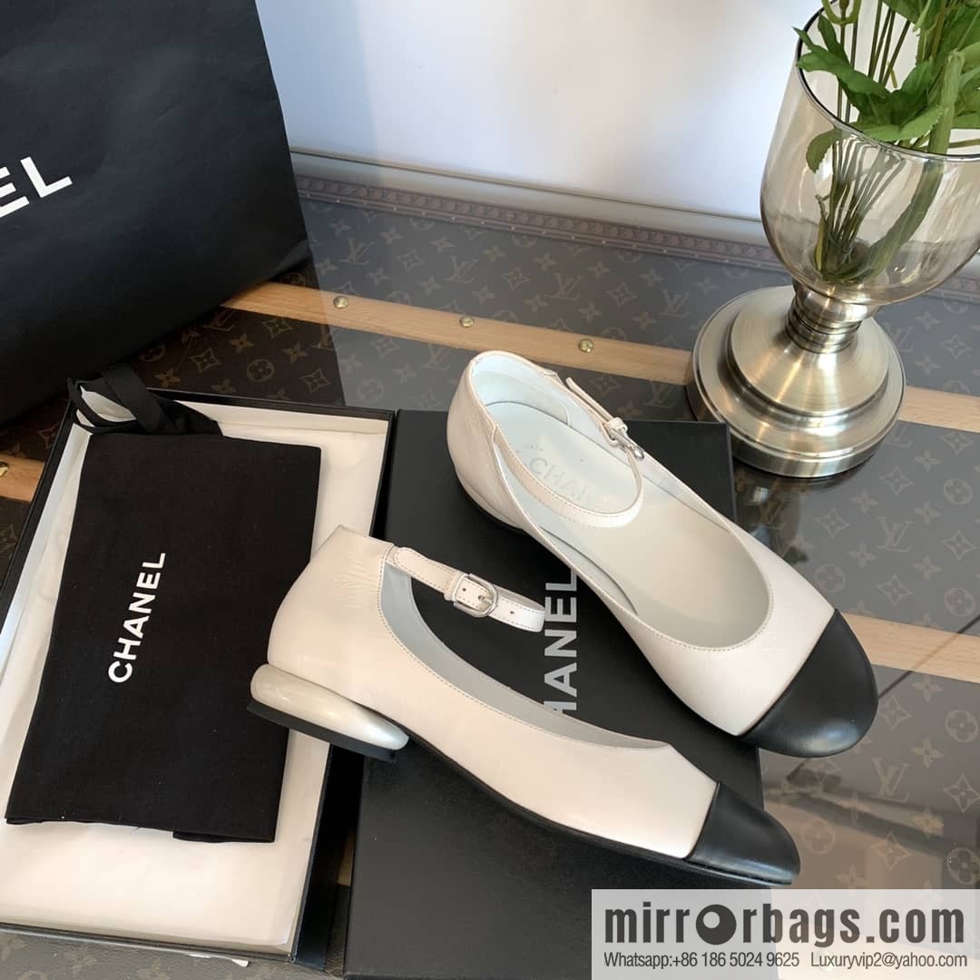 Chanel small fragrance color matching pearl heel counter Mary Jane single shoes‼