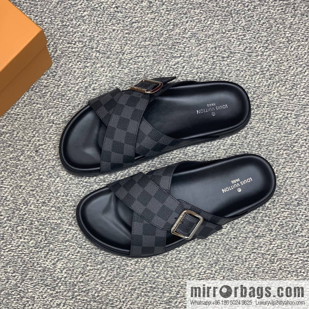 LV/Louis Vuitton features classic PVC men's sandals with black outsoles