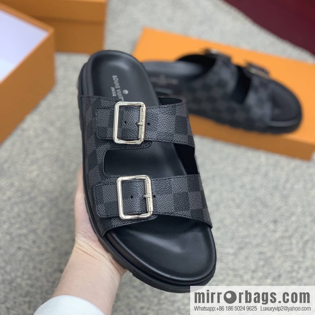 LV/Louis Vuitton features classic PVC men's sandals with black outsoles