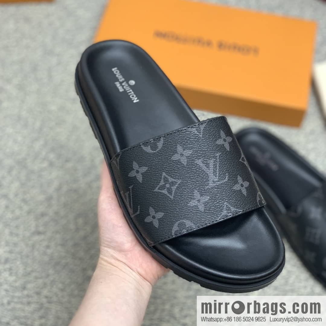LV/Louis Vuitton features classic PVC men's sandals with black outsoles