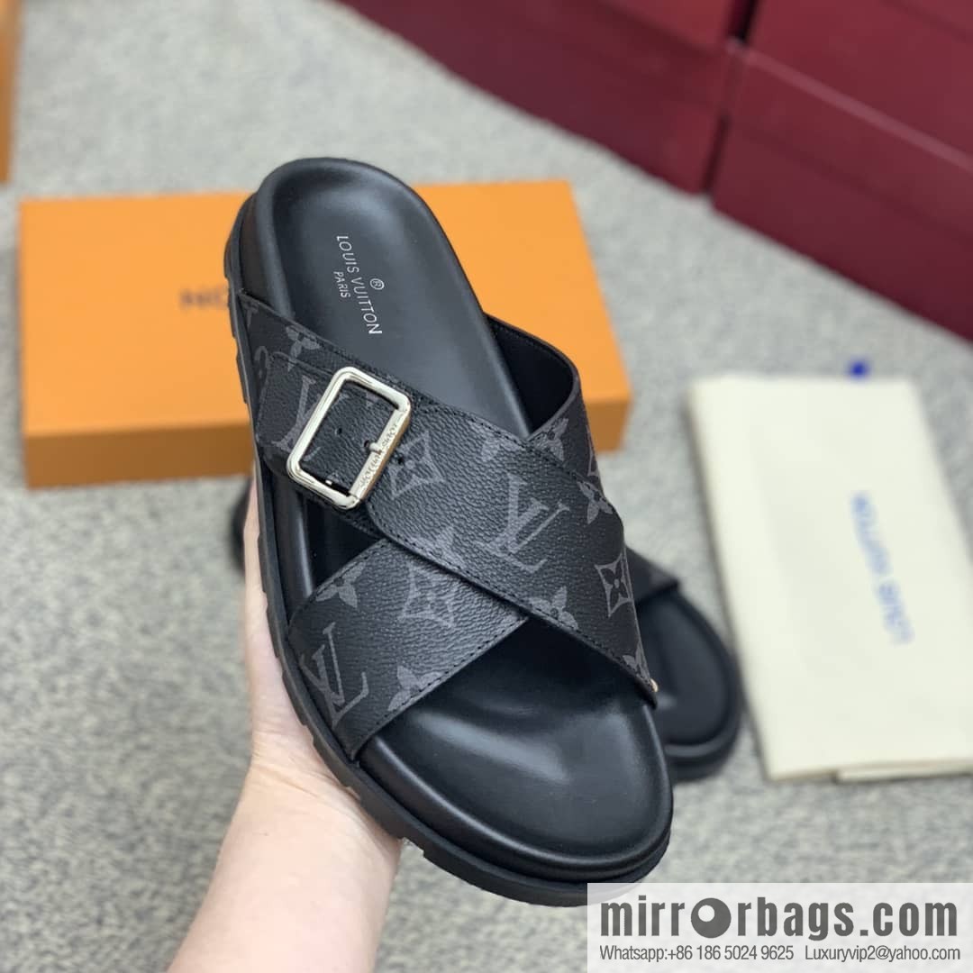 LV/Louis Vuitton features classic PVC men's sandals with black outsoles