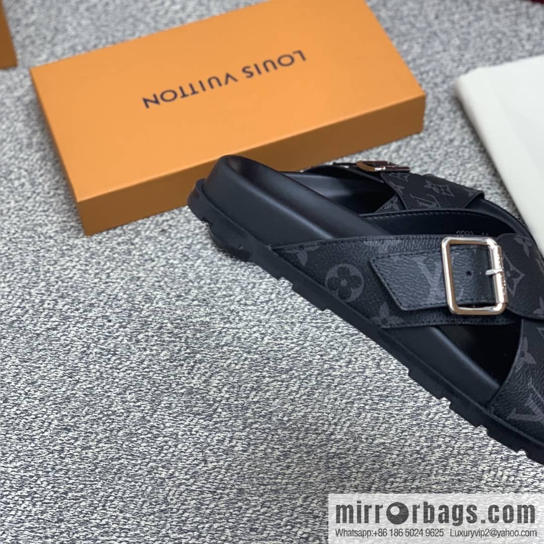 LV/Louis Vuitton features classic PVC men's sandals with black outsoles