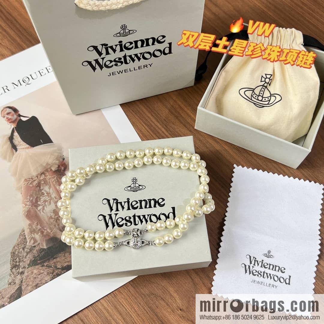 New ☑️ Vivienne Westwood Queen Mother Saturn Double Pearl Necklace