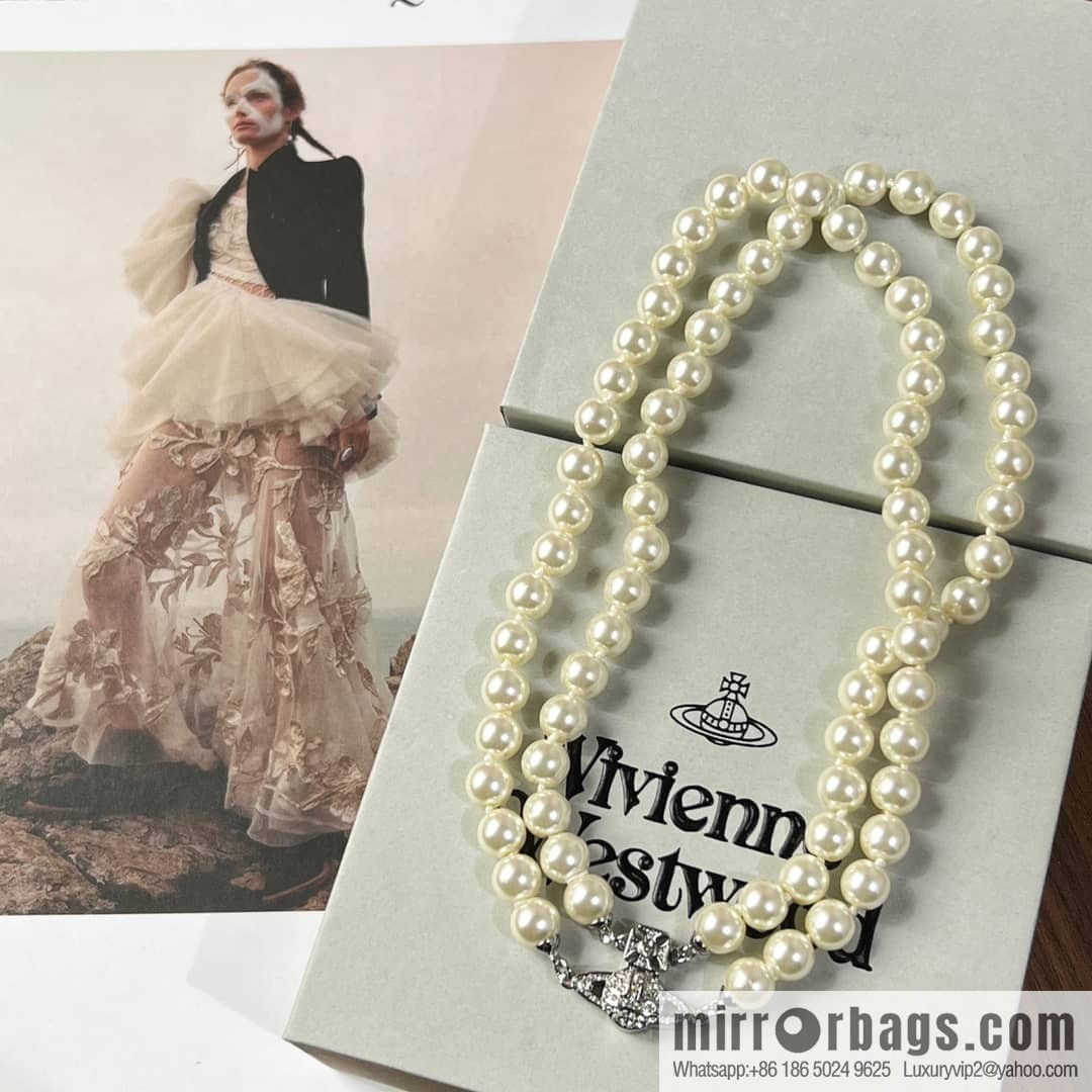 New ☑️ Vivienne Westwood Queen Mother Saturn Double Pearl Necklace