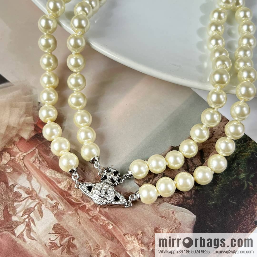 New ☑️ Vivienne Westwood Queen Mother Saturn Double Pearl Necklace