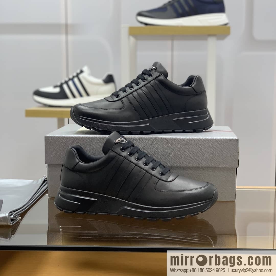 Prada Prada uses soft leather (fabric), tongue embossed logo letters men's sneakers