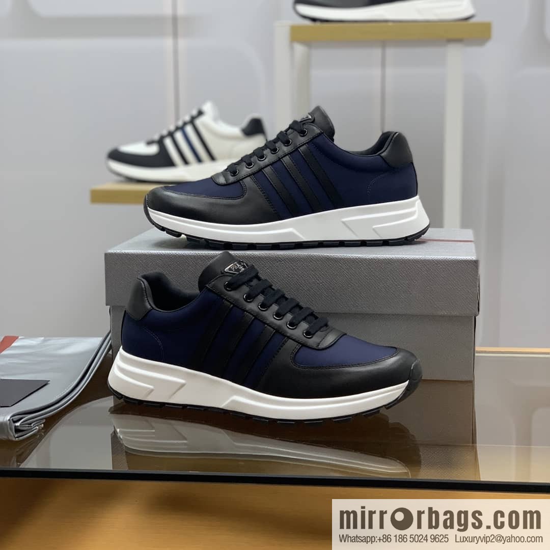 Prada is made of soft leather (fabric) and nylon patchwork men's sneakers