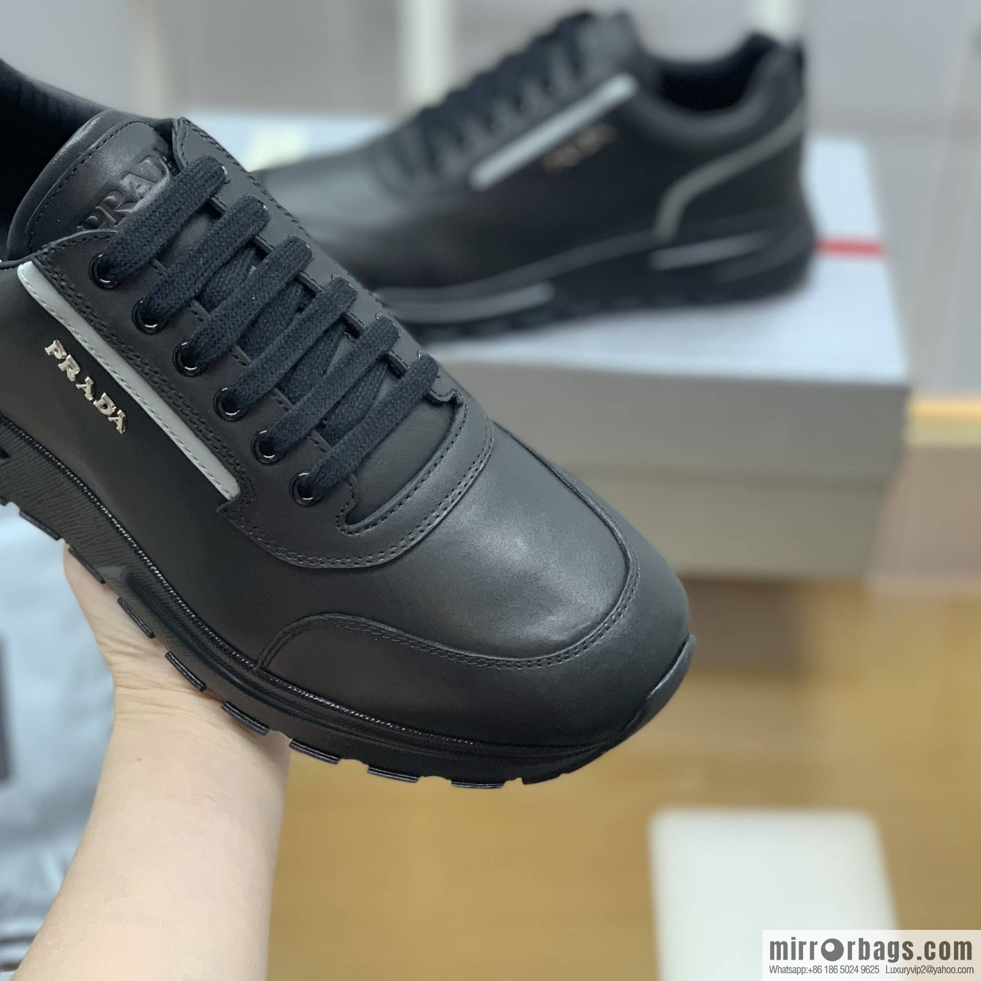 PRADA Prada uses soft leather (fabric), tongue embossed logo letters men's sneakers