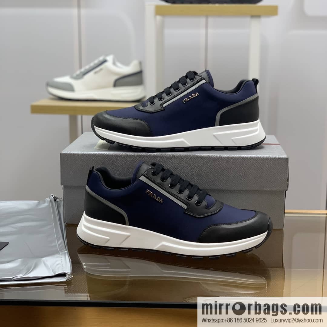 Prada is made of soft leather (fabric) and nylon patchwork men's sneakers