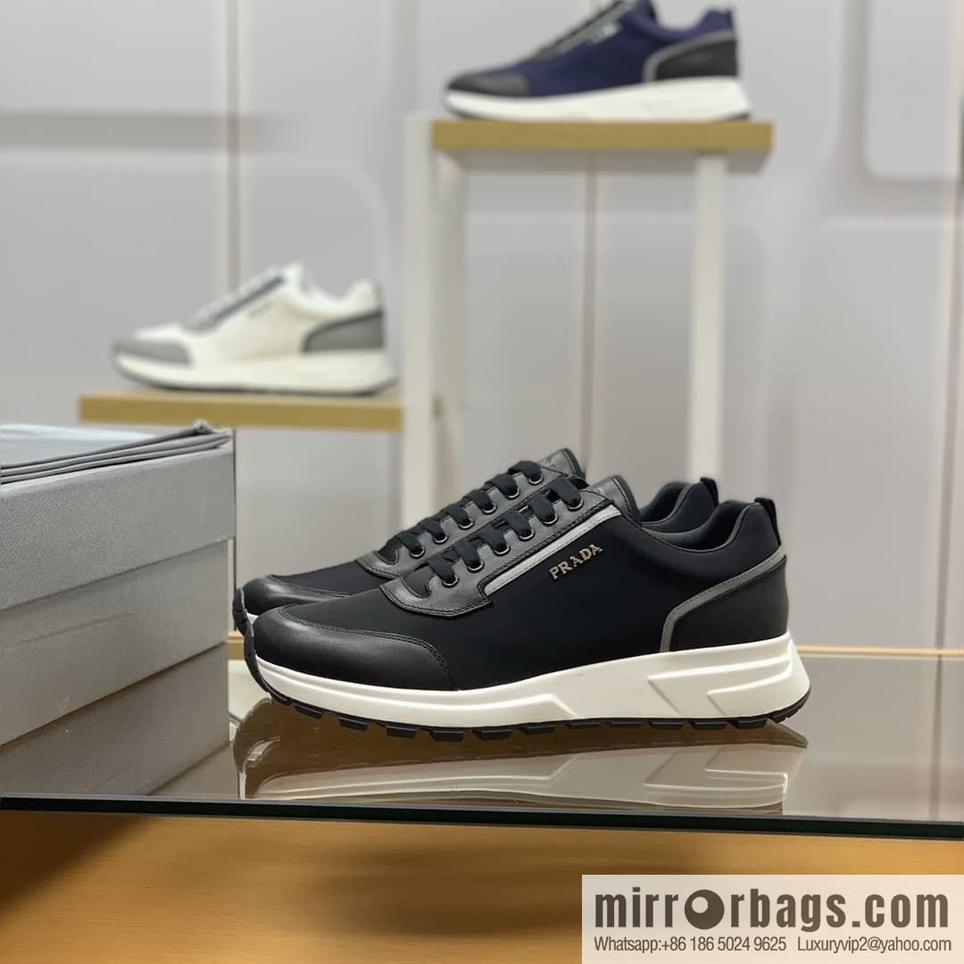 Prada is made of soft leather (fabric) and nylon patchwork men's sneakers