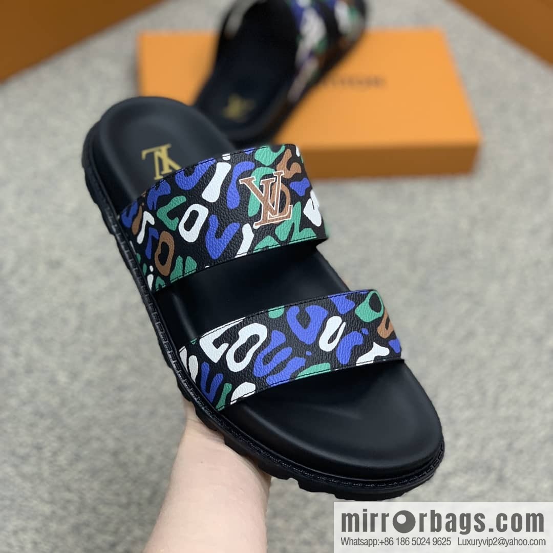 LV/Louis Vuitton features classic PVC men's sandals with black outsoles