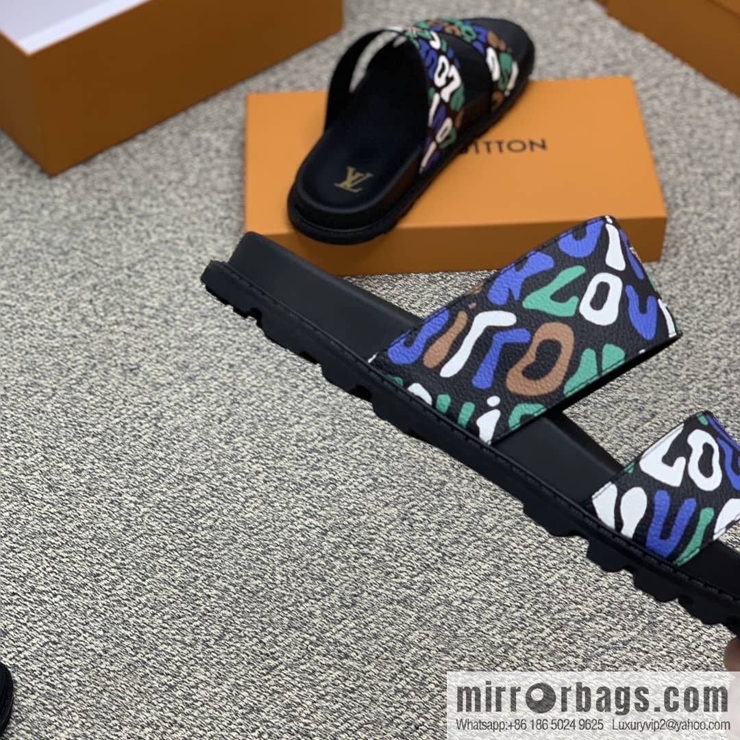 LV/Louis Vuitton features classic PVC men's sandals with black outsoles