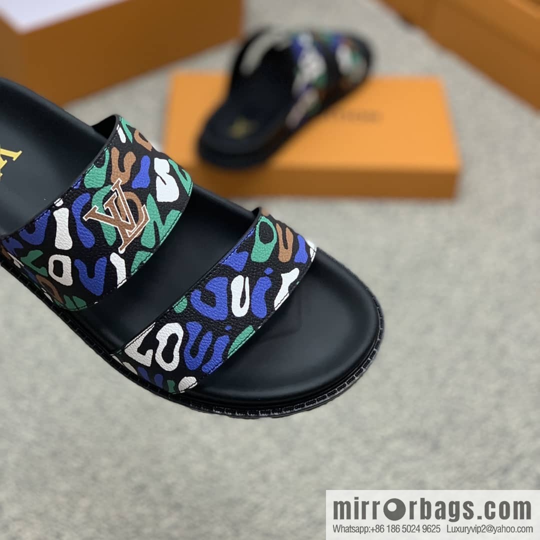 LV/Louis Vuitton features classic PVC men's sandals with black outsoles