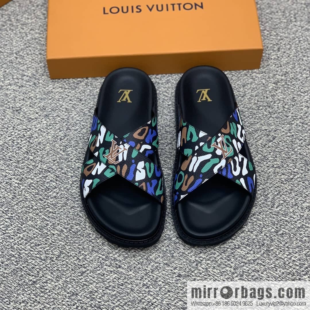 LV/Louis Vuitton features classic PVC men's sandals with black outsoles