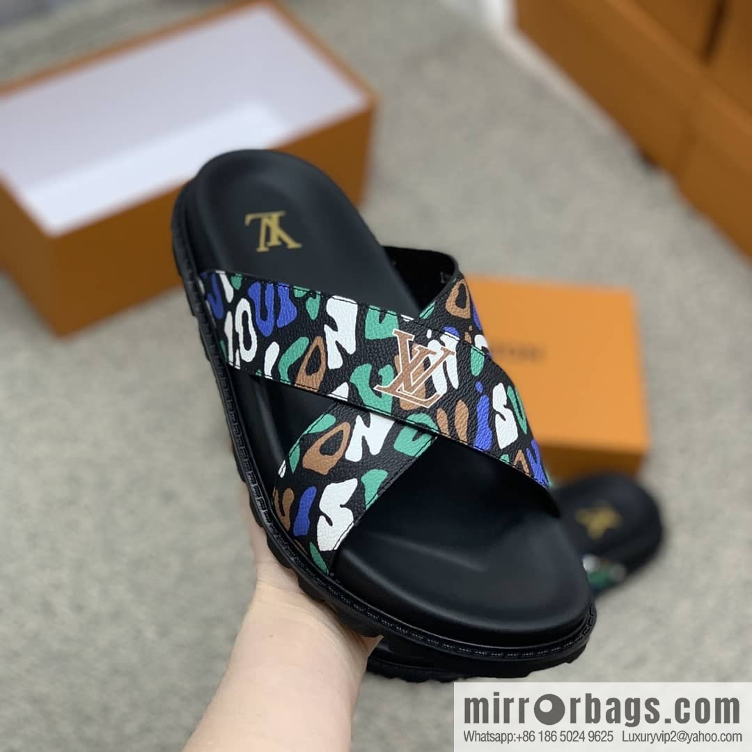 LV/Louis Vuitton features classic PVC men's sandals with black outsoles