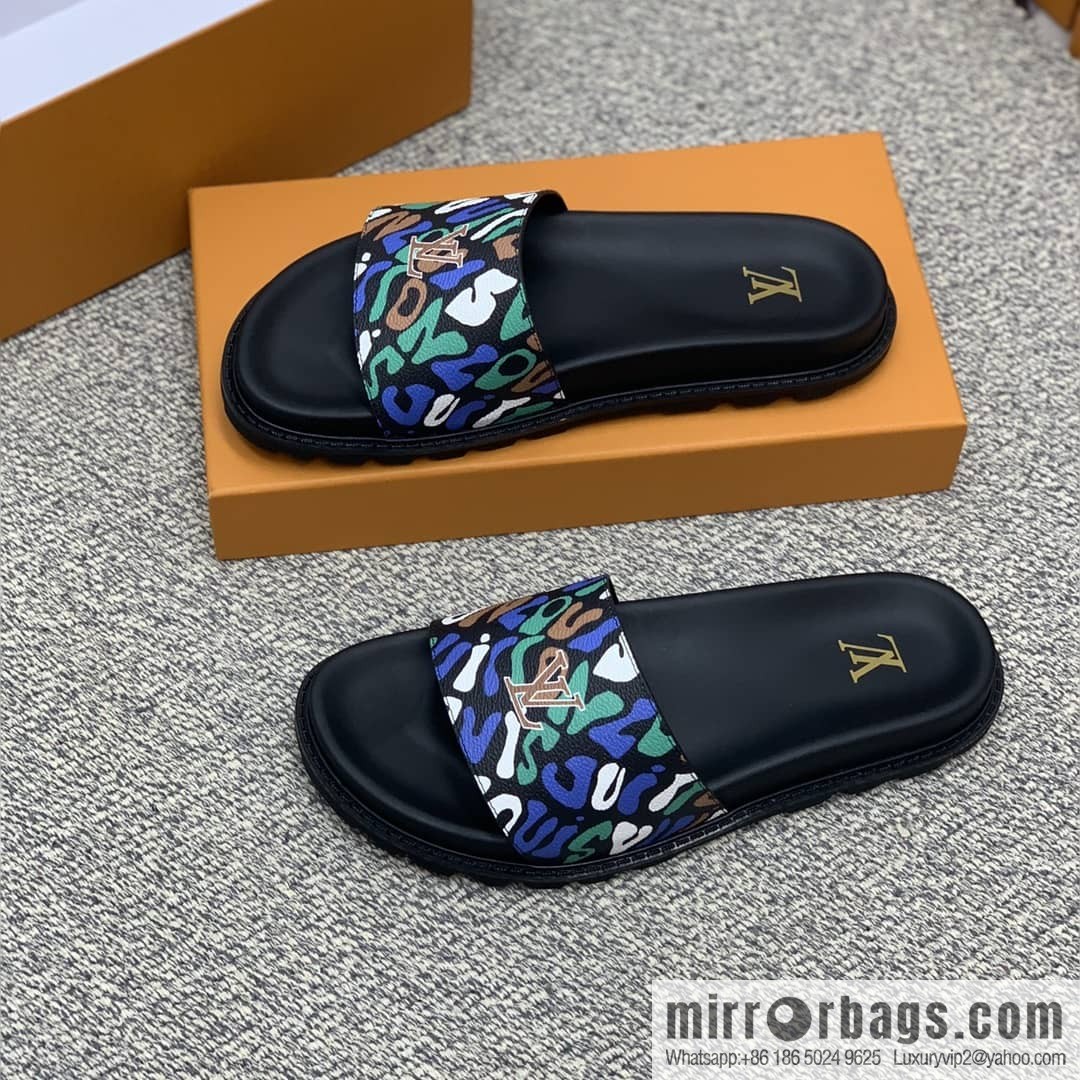 LV/Louis Vuitton features classic PVC men's sandals with black outsoles