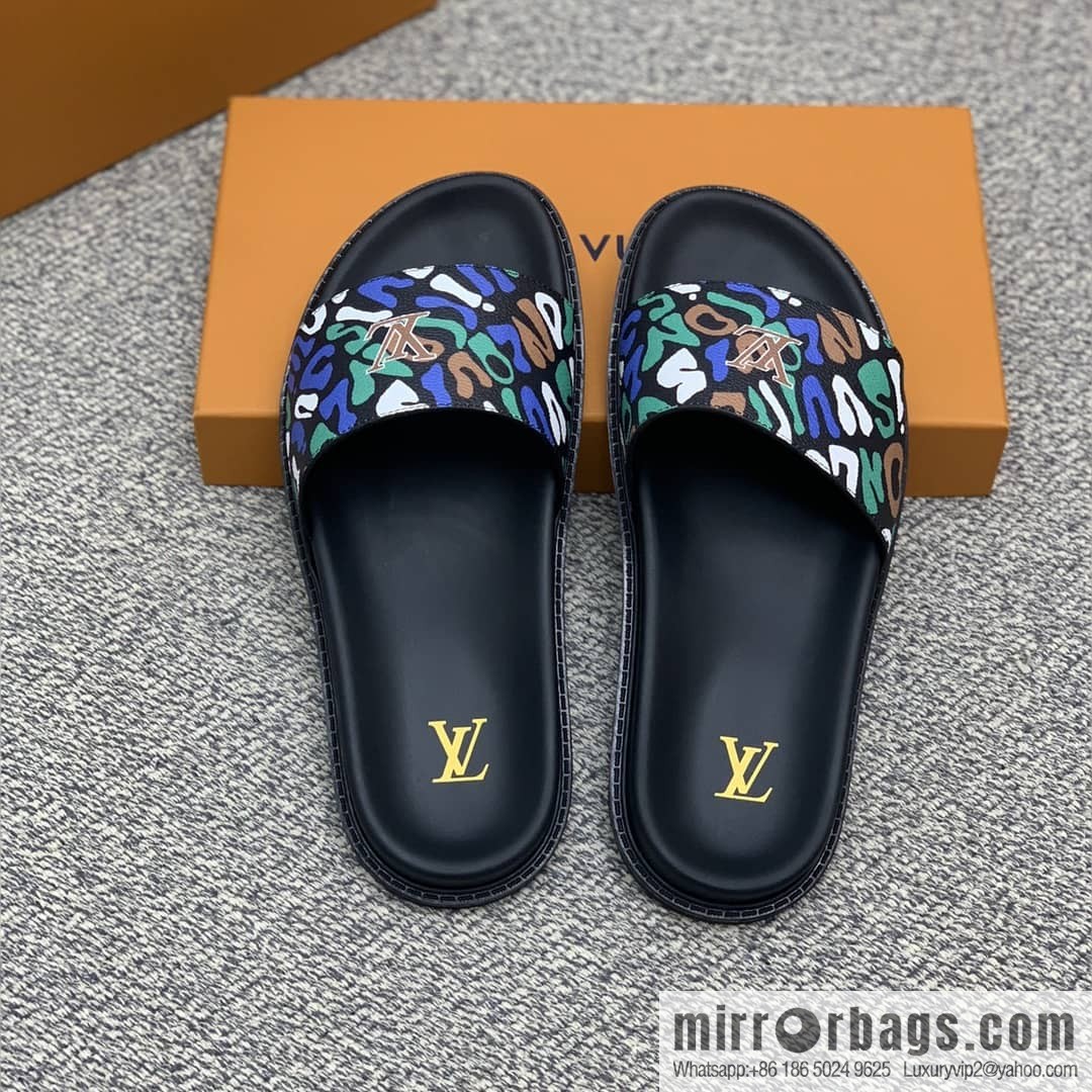 LV/Louis Vuitton features classic PVC men's sandals with black outsoles
