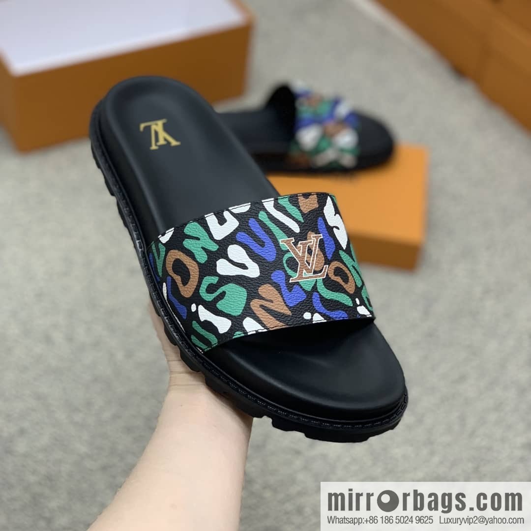 LV/Louis Vuitton features classic PVC men's sandals with black outsoles