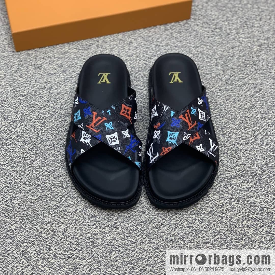LV/Louis Vuitton features classic PVC men's sandals with black outsoles