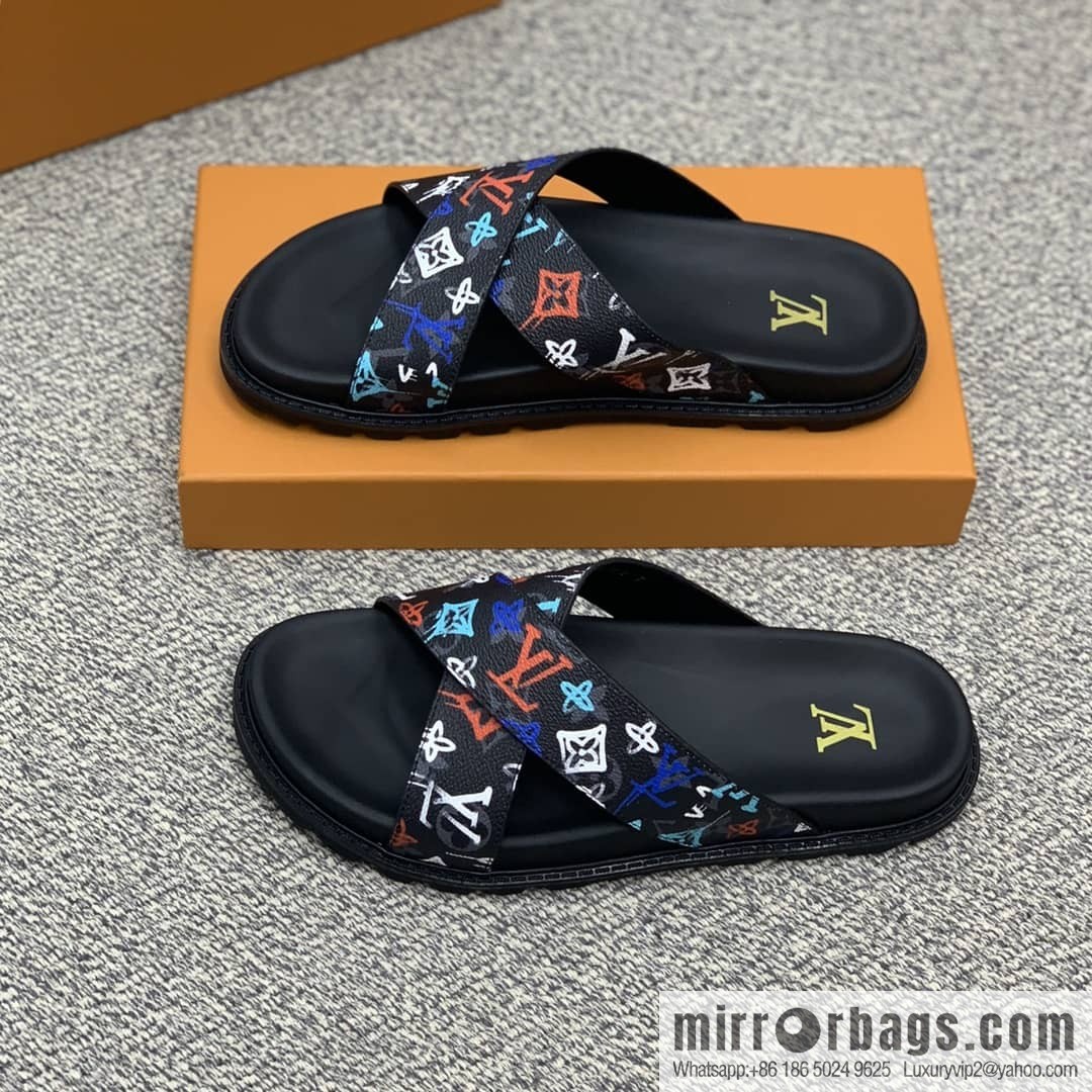 LV/Louis Vuitton features classic PVC men's sandals with black outsoles