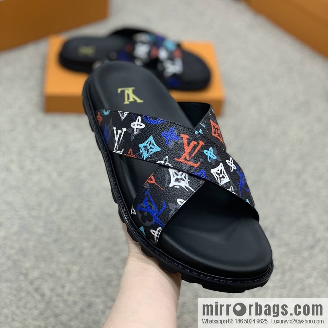 LV/Louis Vuitton features classic PVC men's sandals with black outsoles