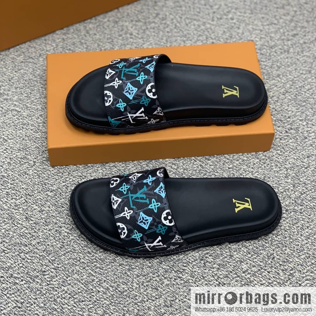 LV/Louis Vuitton features classic PVC men's sandals with black outsoles