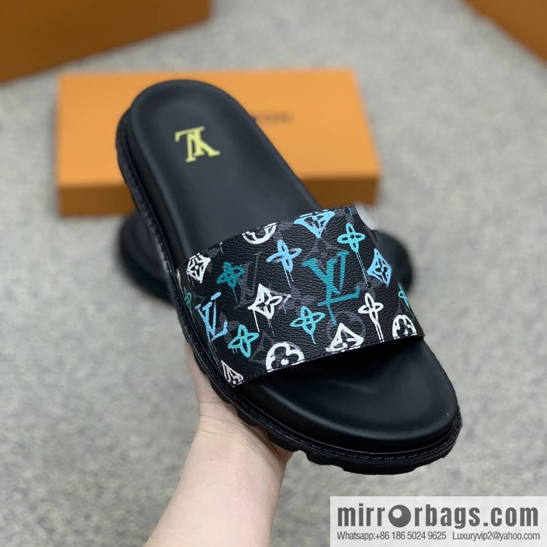 LV/Louis Vuitton features classic PVC men's sandals with black outsoles