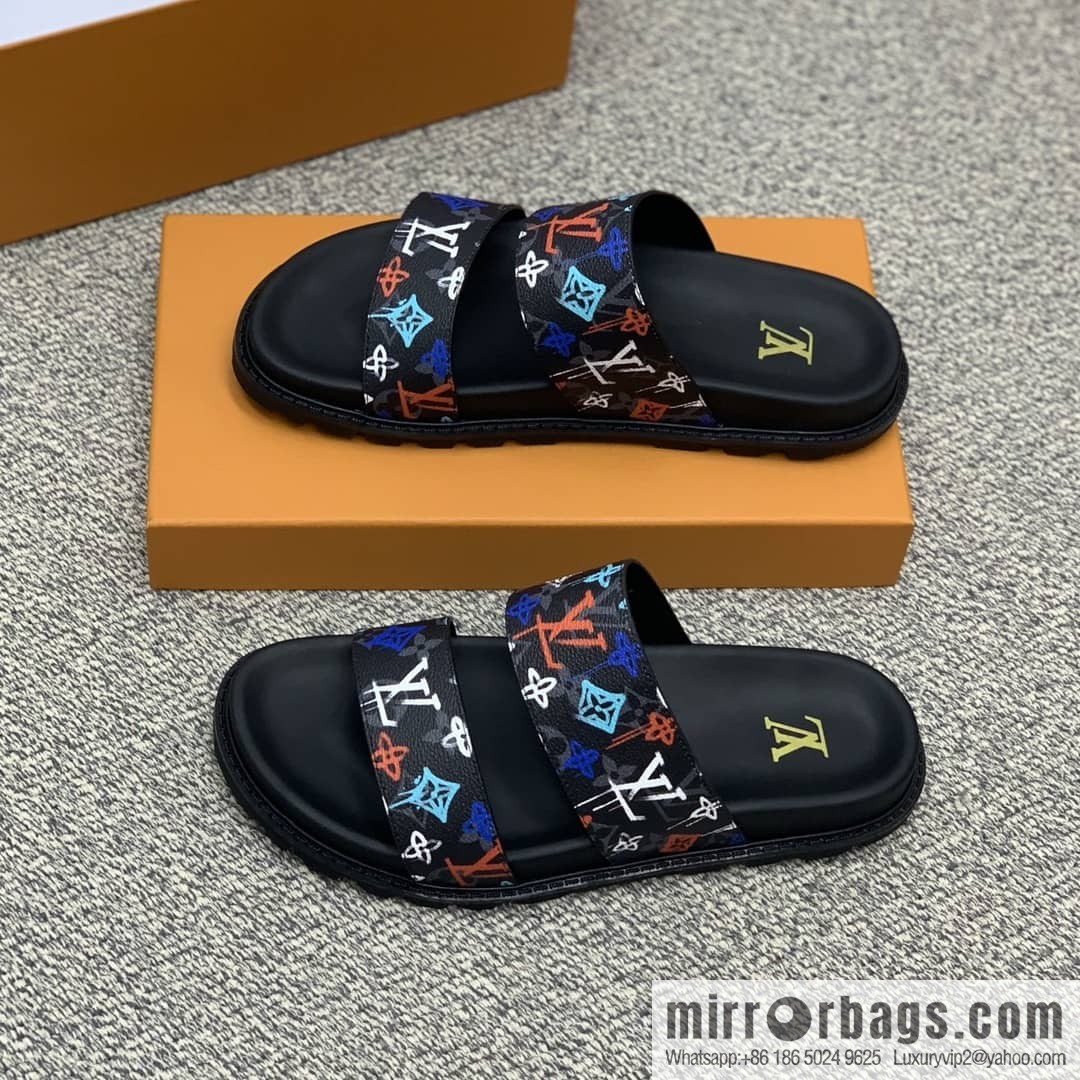 LV/Louis Vuitton features classic PVC men's sandals with black outsoles