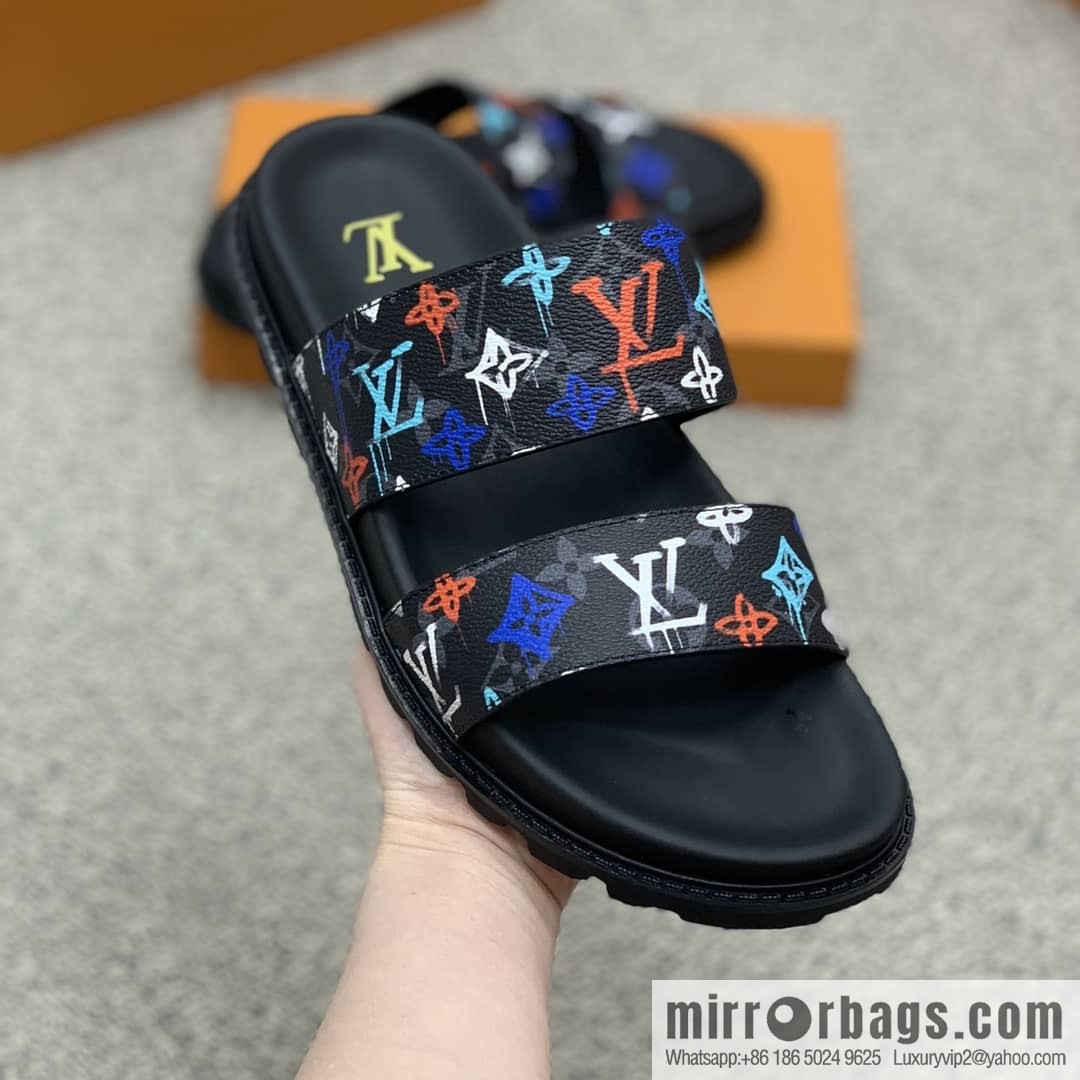 LV/Louis Vuitton features classic PVC men's sandals with black outsoles