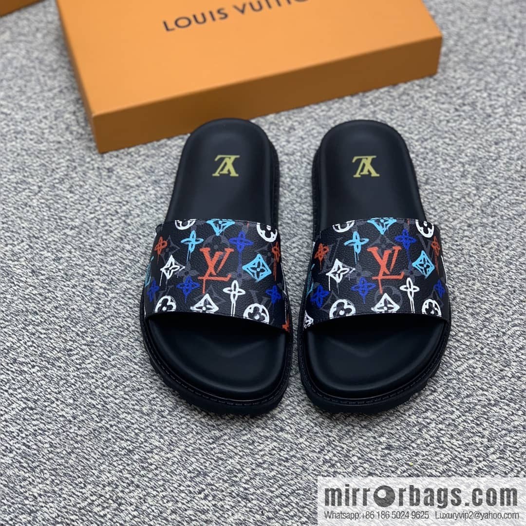 LV/Louis Vuitton features classic PVC men's sandals with black outsoles