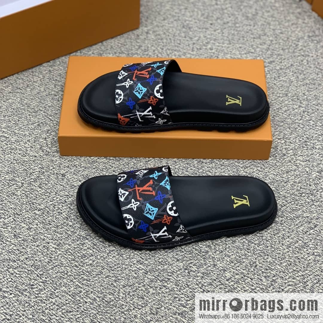 LV/Louis Vuitton features classic PVC men's sandals with black outsoles