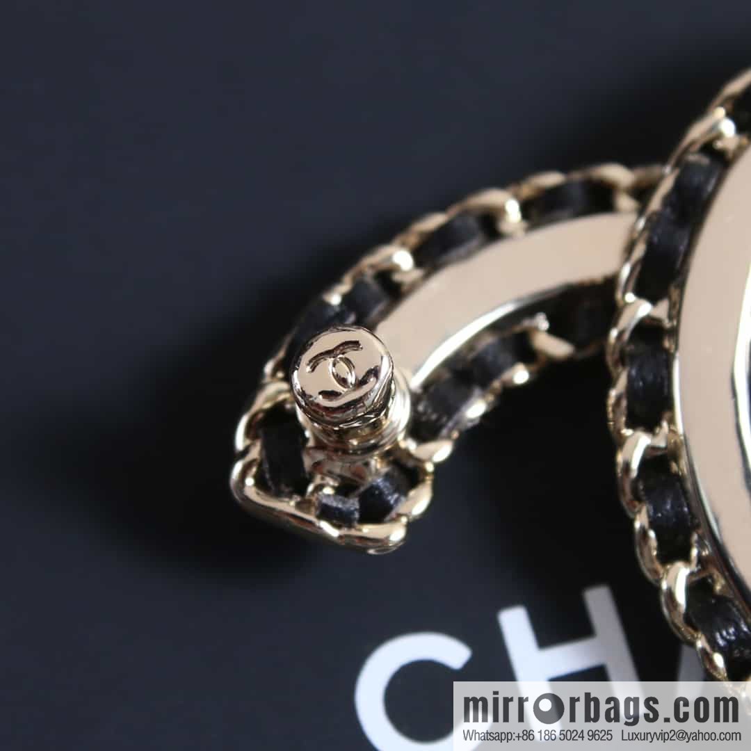New ☑️ Chanel Double C Horse Eye Diamond Black Leather Rope Brooch