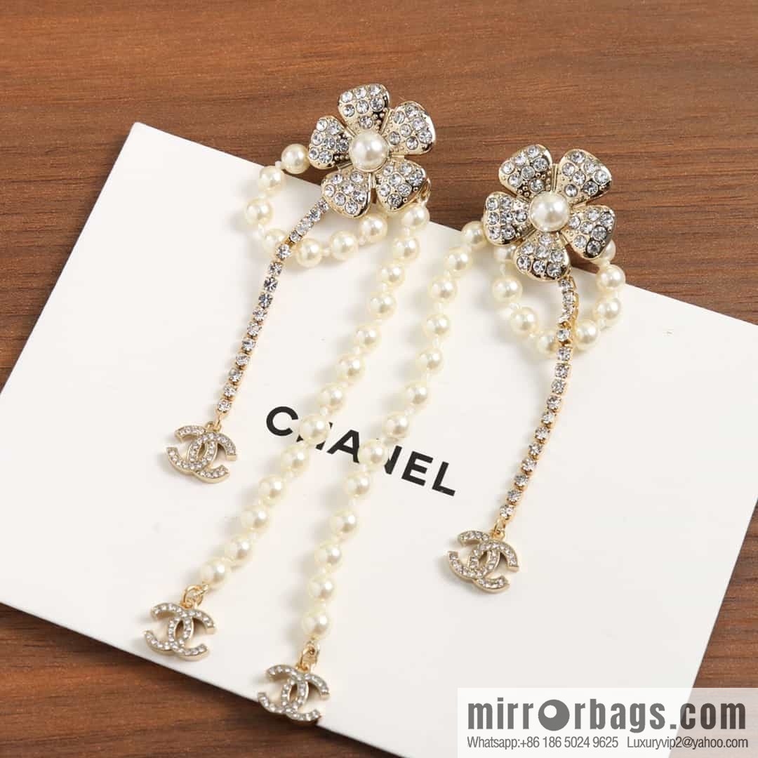 New ☑️ chanel c2 double c flower pearl fringed stud earrings