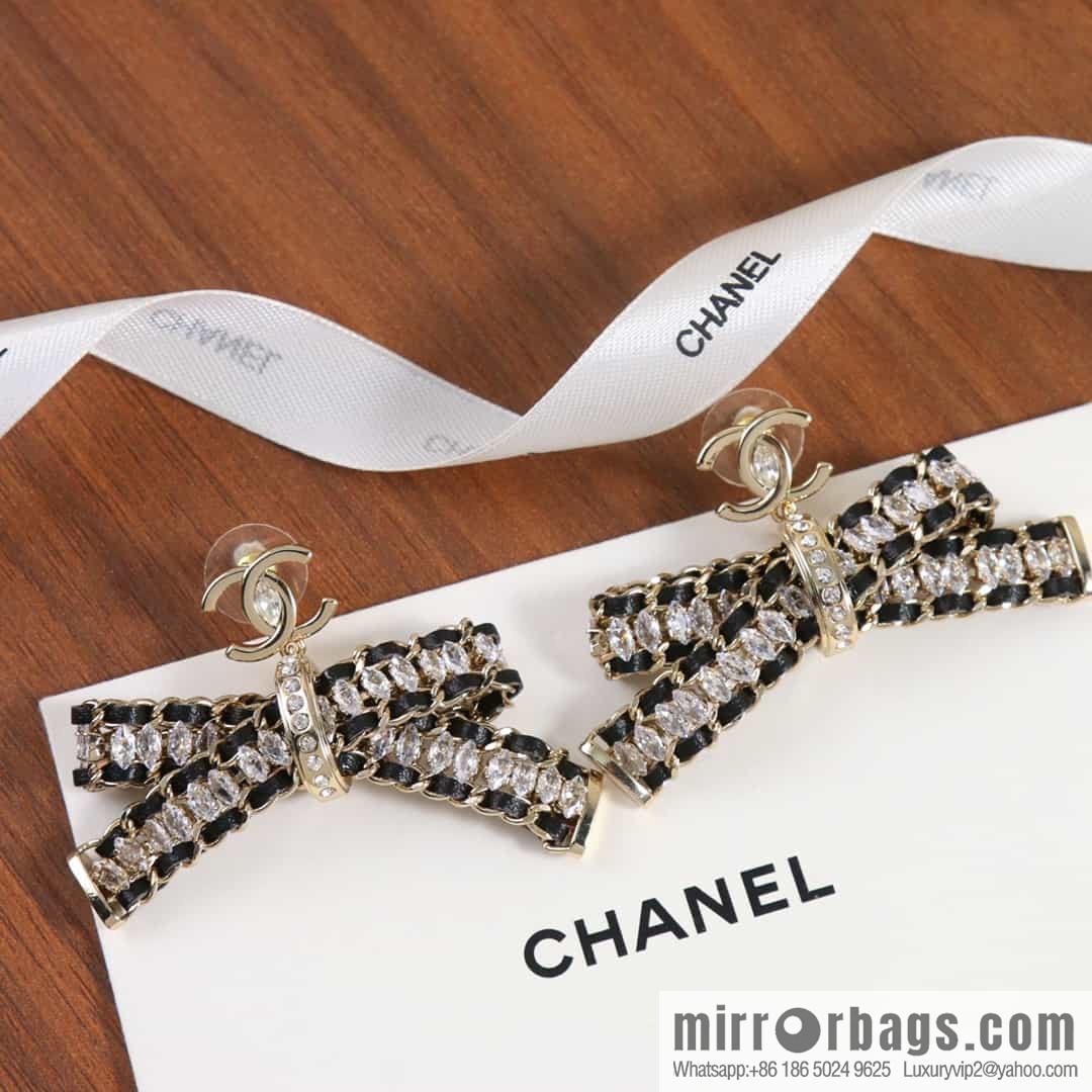 New ☑️ CHANEL Chanel double c black leather rope bow stud earrings