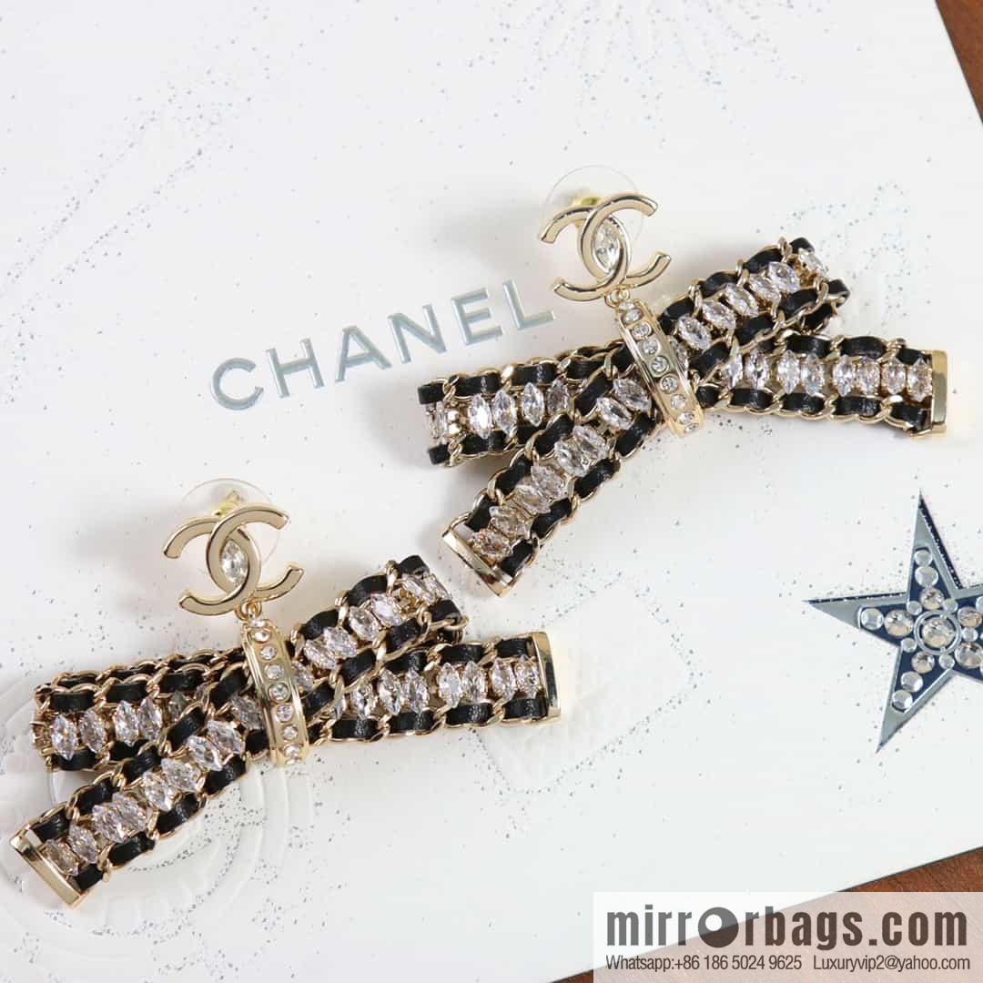 New ☑️ CHANEL Chanel double c black leather rope bow stud earrings
