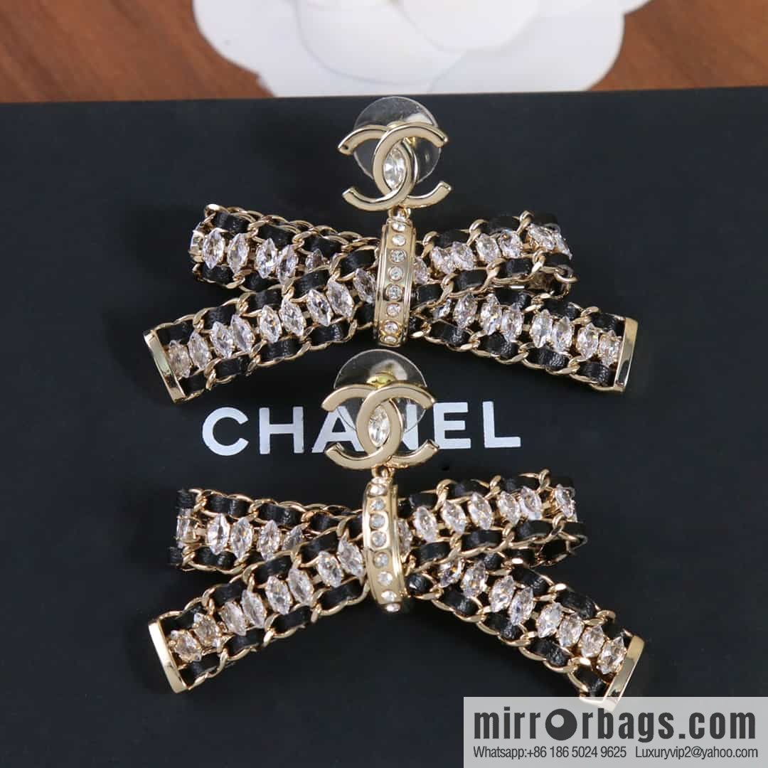New ☑️ CHANEL Chanel double c black leather rope bow stud earrings