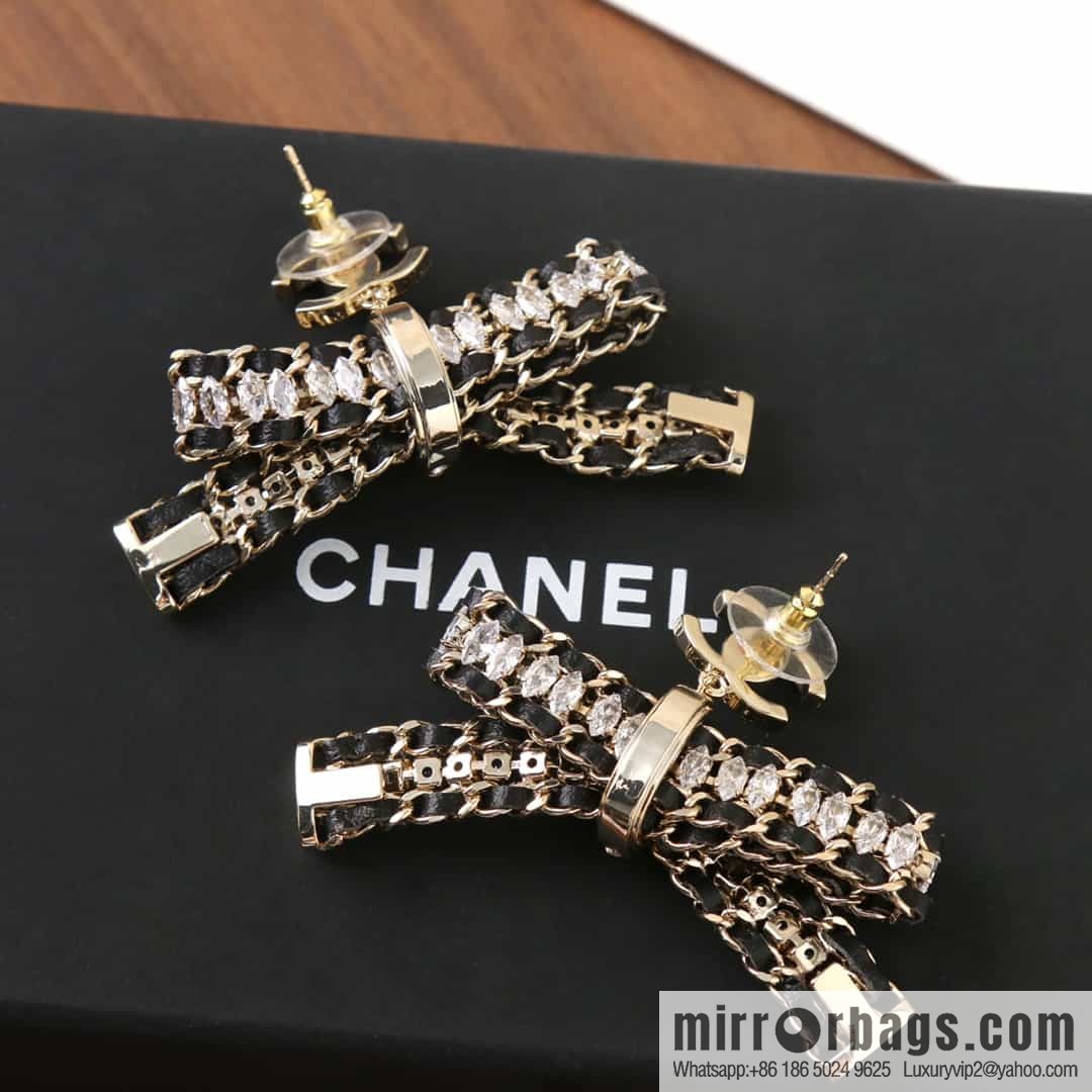 New ☑️ CHANEL Chanel double c black leather rope bow stud earrings