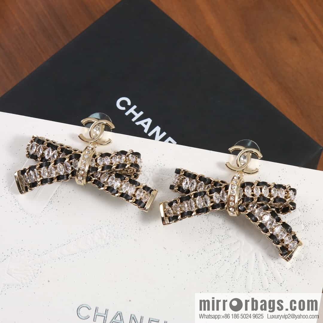 New ☑️ CHANEL Chanel double c black leather rope bow stud earrings