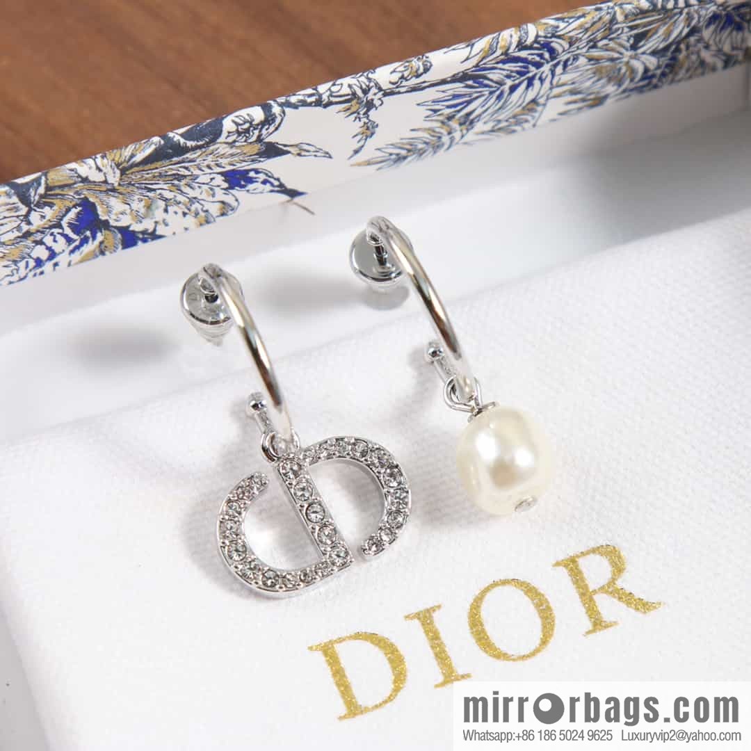 New ☑️ DIOR Asymmetrical Full Diamond CD Pearl Stud Earrings