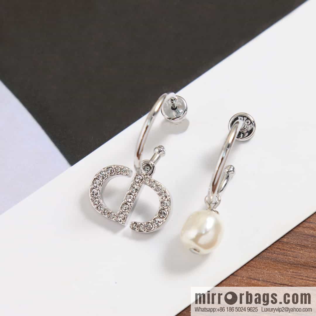 New ☑️ DIOR Asymmetrical Full Diamond CD Pearl Stud Earrings