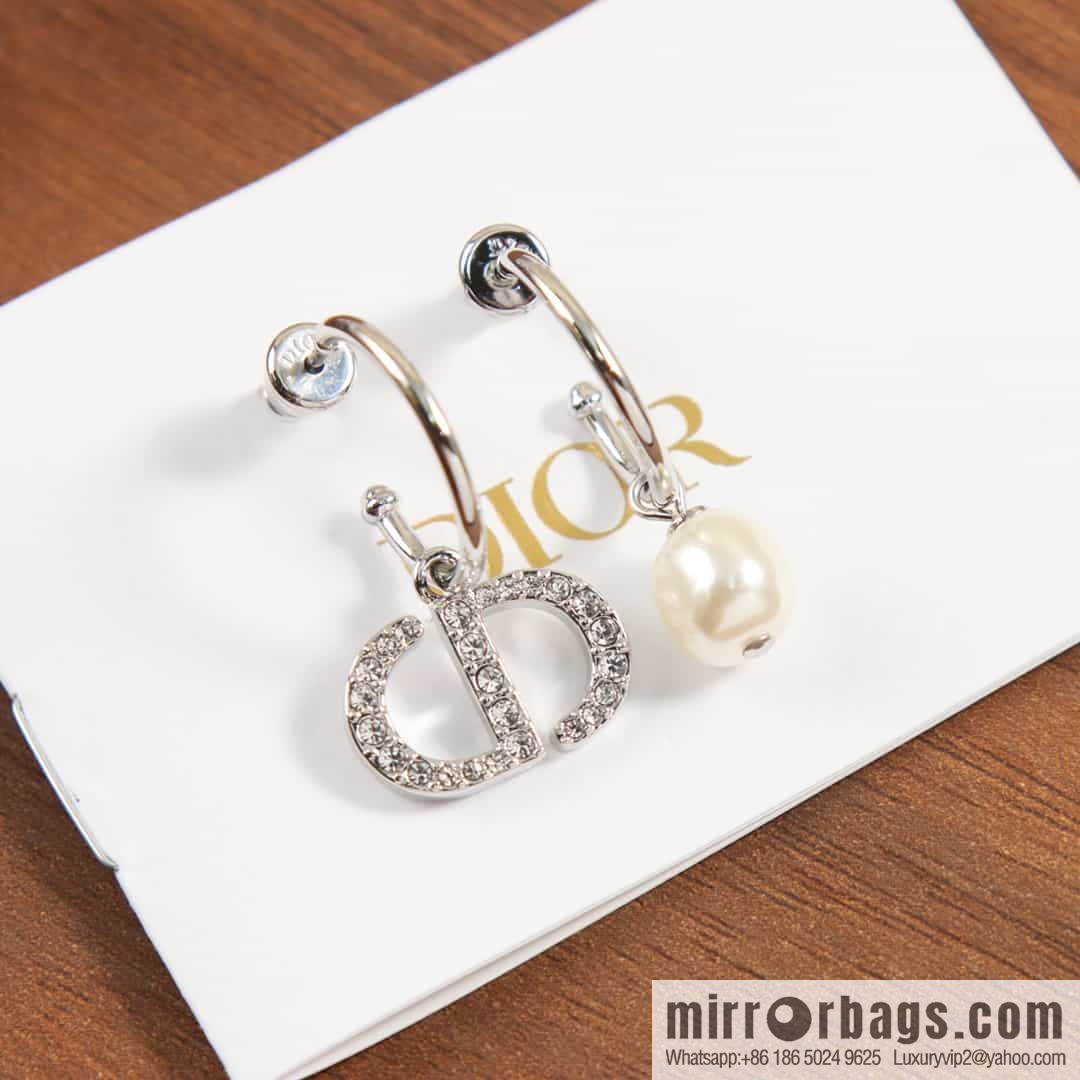 New ☑️ DIOR Asymmetrical Full Diamond CD Pearl Stud Earrings