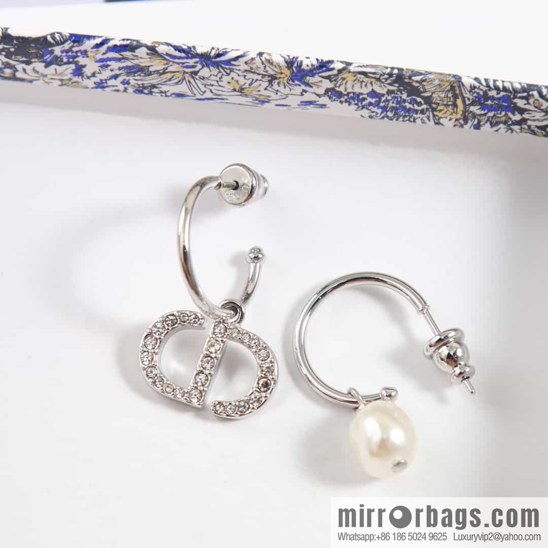 New ☑️ DIOR Asymmetrical Full Diamond CD Pearl Stud Earrings