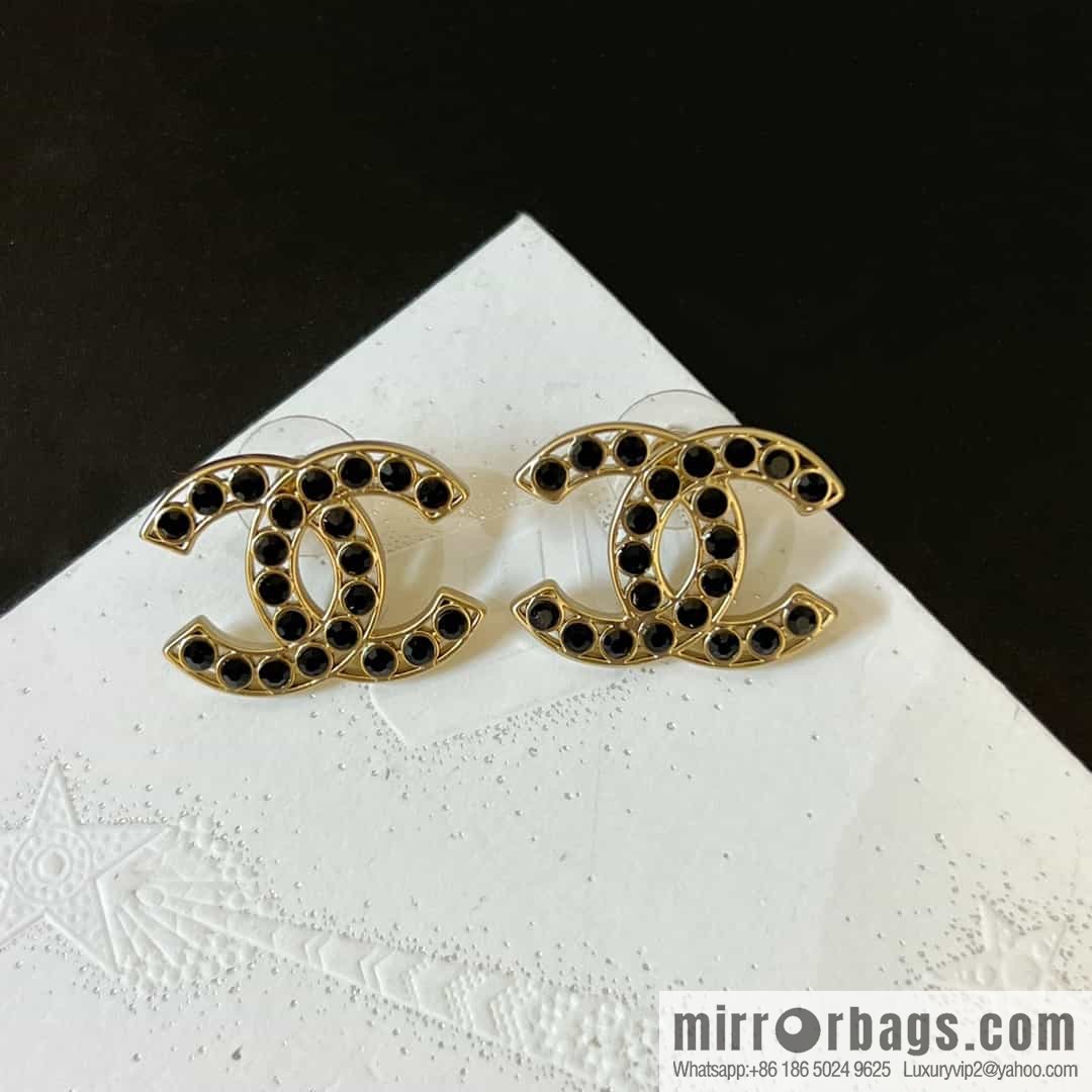 New ☑️ chanel c1 double c black diamond earrings stud earrings
